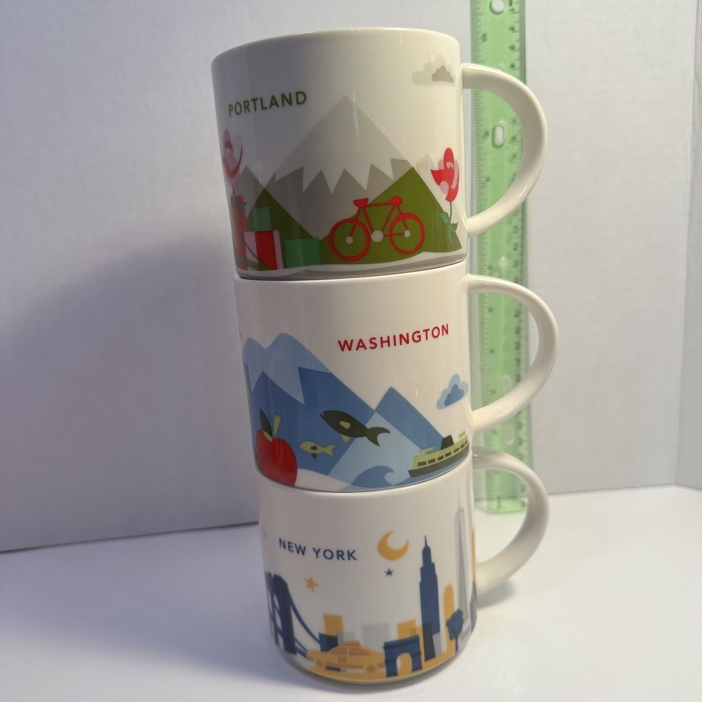 Starbucks You Are Here Mugs Set of 3 Portland Washington New York 14 oz Ceramic